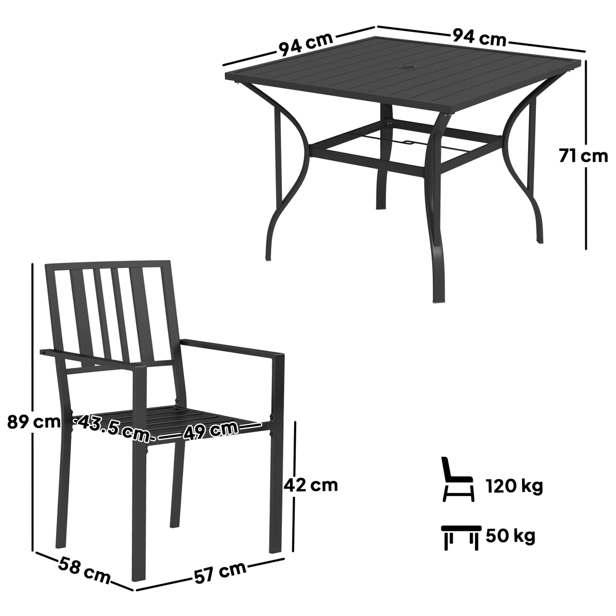 Outsunny Outdoor Dining Set with 4 Stackable Cushioned Armchairs & Metal Table, 50mm Umbrella Hole – Black/Beige