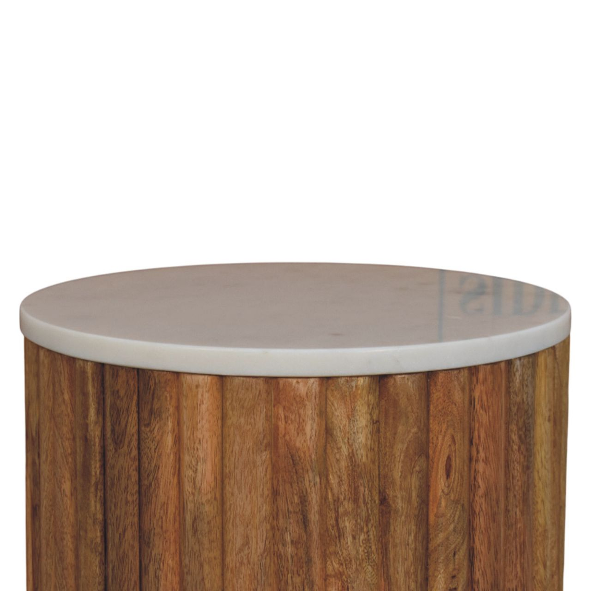 Artisan Furniture Solid Wood Fluted Side Table with Marble Top – Oakish Finish, Brown & White