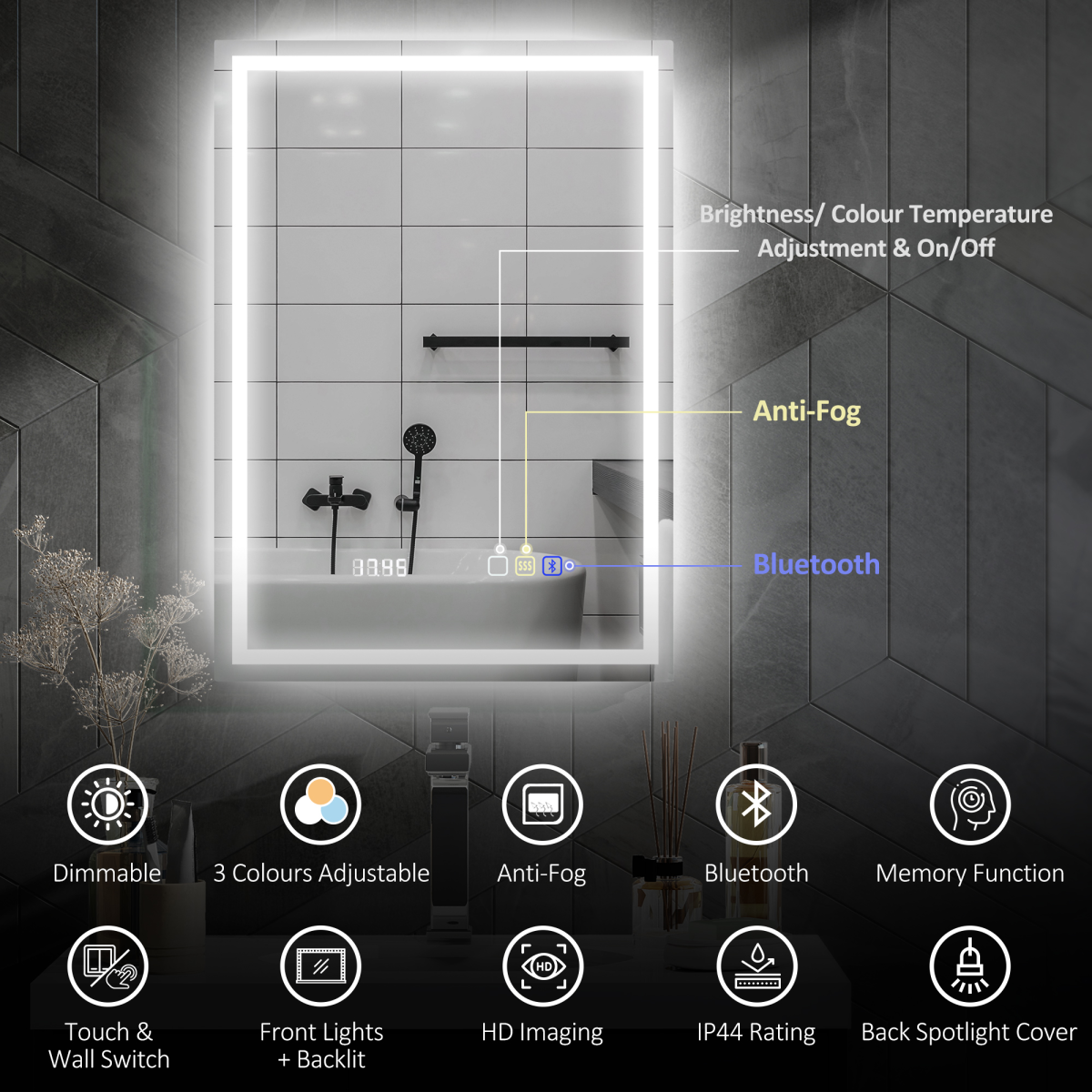 LED Bathroom Mirror with Demister Pad, Bluetooth Speaker & Digital Clock – IP44 Wall Mounted Mirror, 70 x 50cm