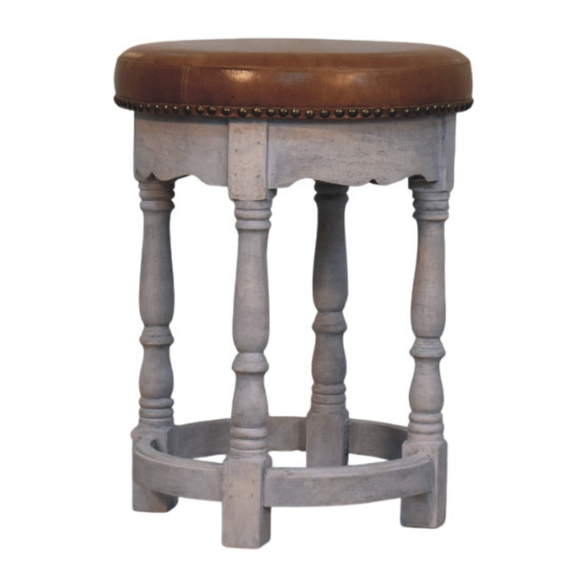Artisan Furniture Solid Wood Rustic Charm Stool with Upholstered Leather Seat – Vanity Stool, Brown