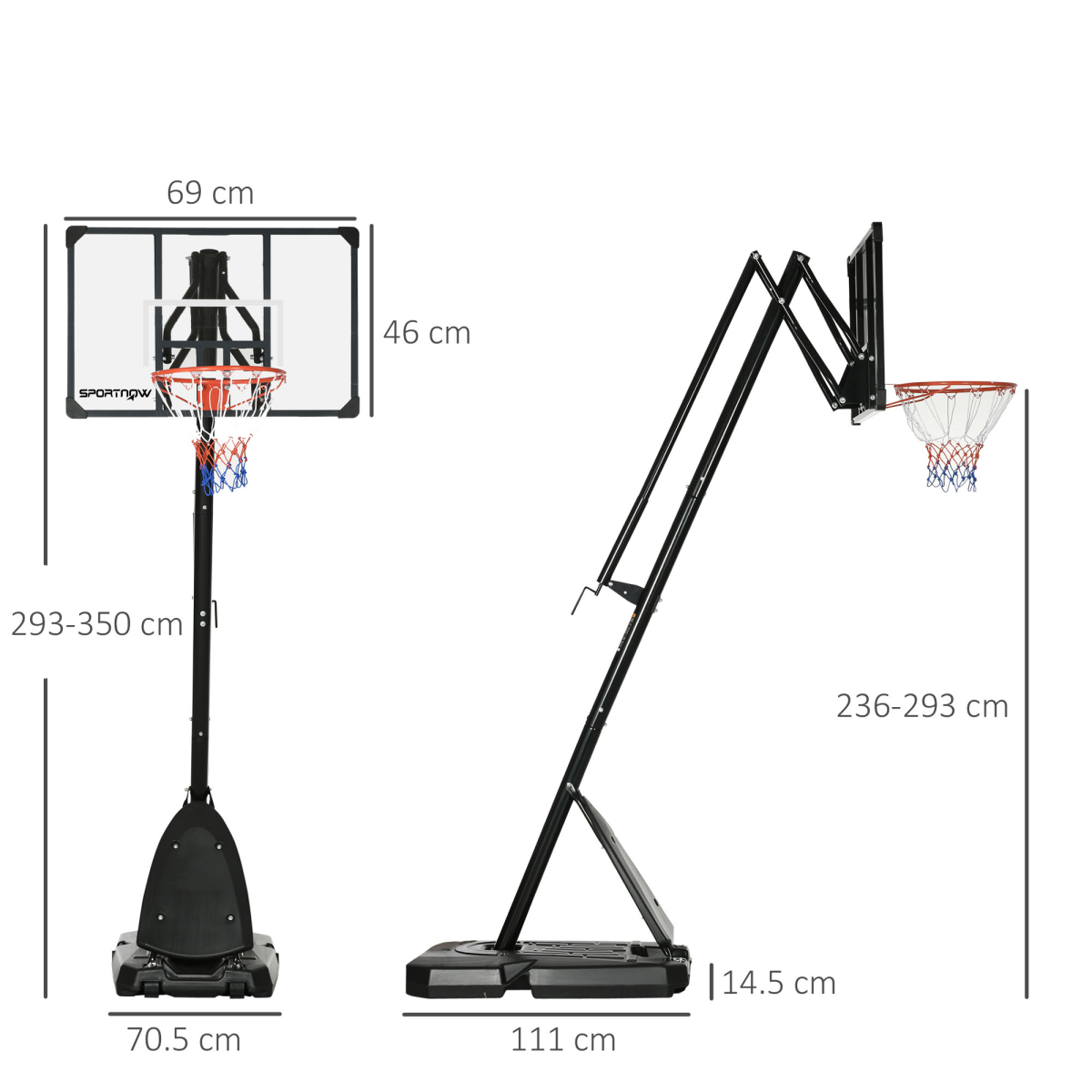 SPORTNOW Adjustable Basketball Hoop with Weighted Base & Wheels, 2.4–2.9m – Freestanding Basketball Stand