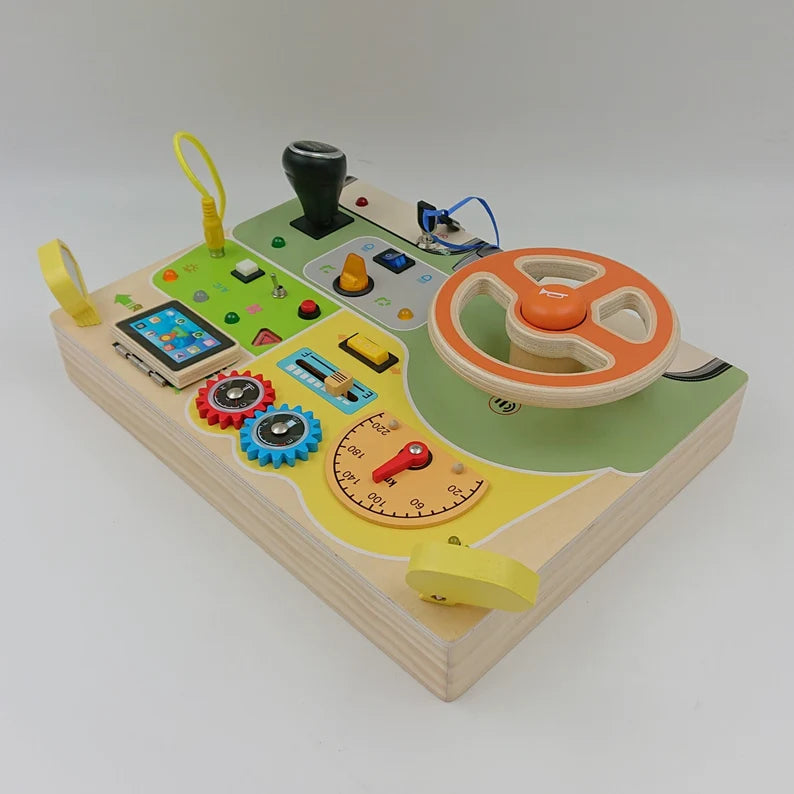 Montessori Wooden Busy Board with Steering Wheel, LED Lights, Engine Sounds & Key Turn – Toddler Sensory Toy