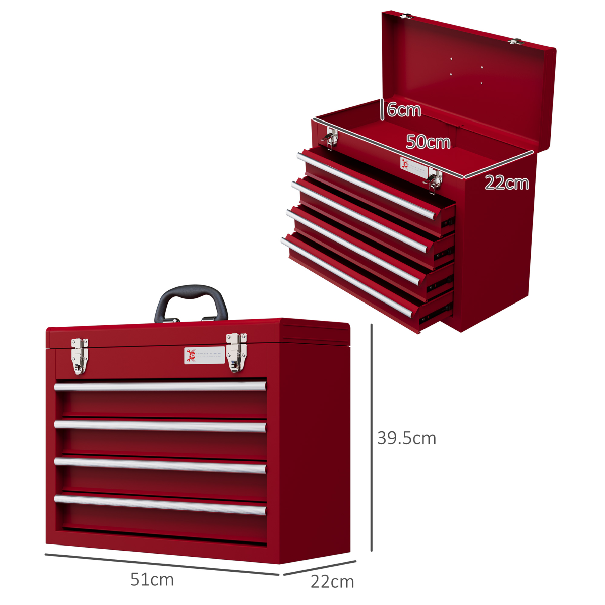 DURHAND Lockable 4-Drawer Steel Tool Chest with Ball Bearing Slides and Top Compartment, Red