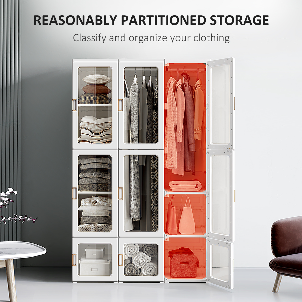HOMCOM Foldable Portable Wardrobe with 8 Compartments & 2 Hanging Rods – Quick-Fold Bedroom Storage, White