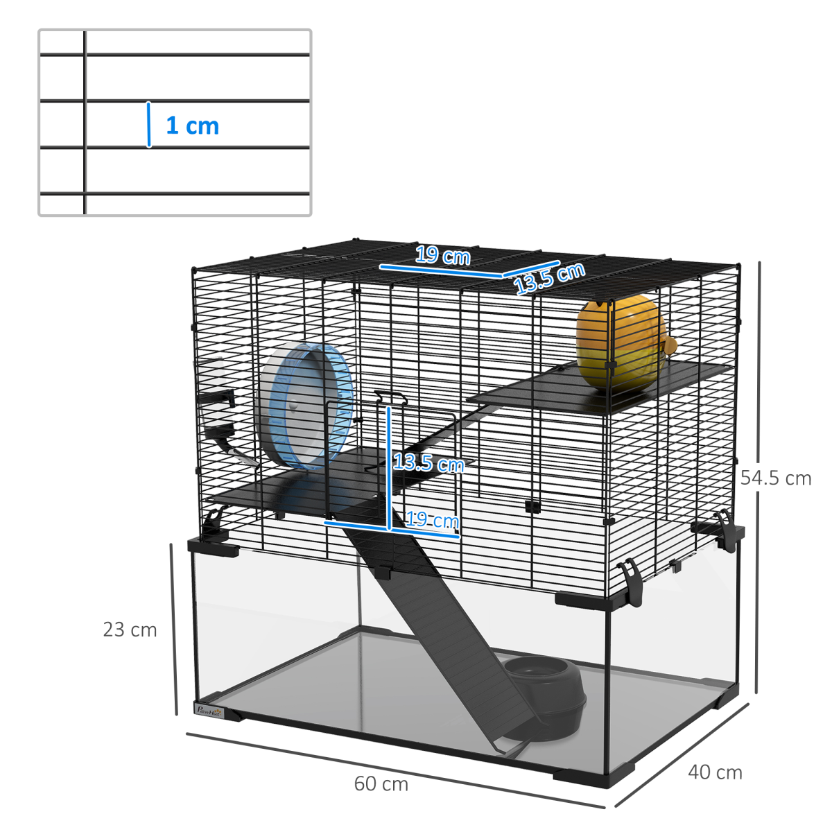 PawHut 3-Tier Hamster Cage with Deep Glass Base, Running Wheel, Food Bowl and Hut – 60 x 40 x 57cm