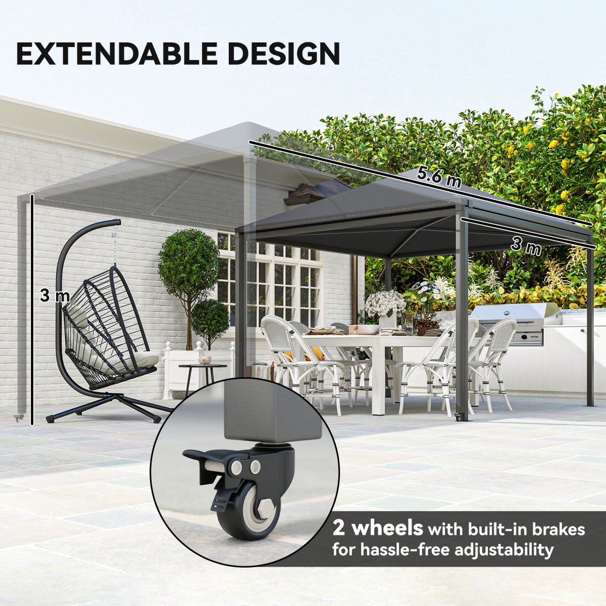Outsunny 3 x 3m Garden Gazebo with Extendable Awning, Wheels & UPF30+ Canopy – Patio Shelter, Dark Grey