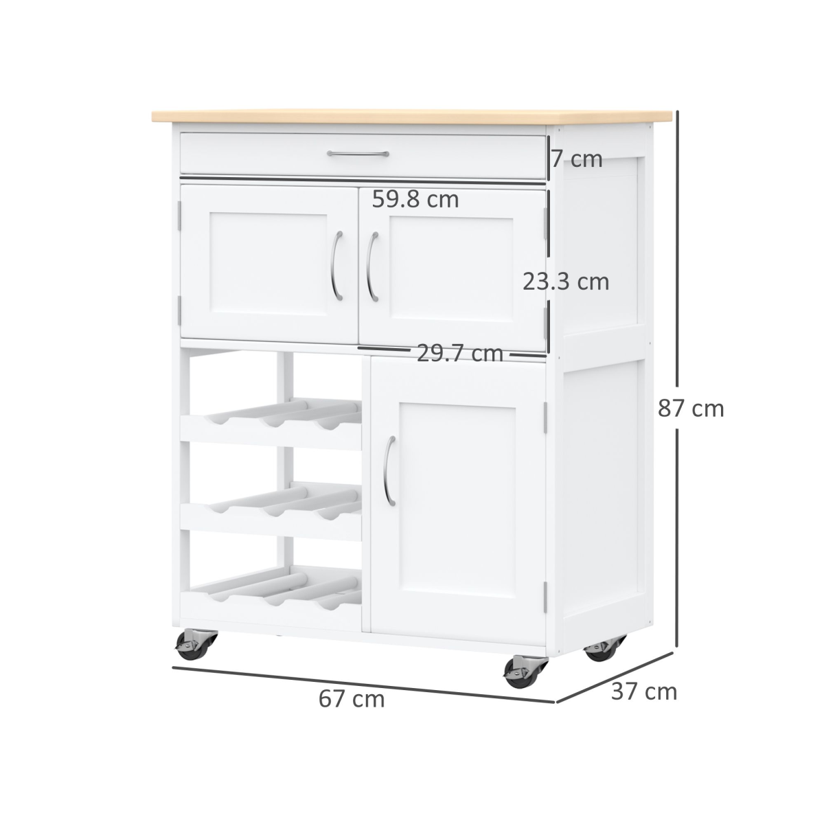 HOMCOM Rolling Kitchen Island Cart with Drawer & 9-Bottle Wine Rack – Rubberwood Worktop, White