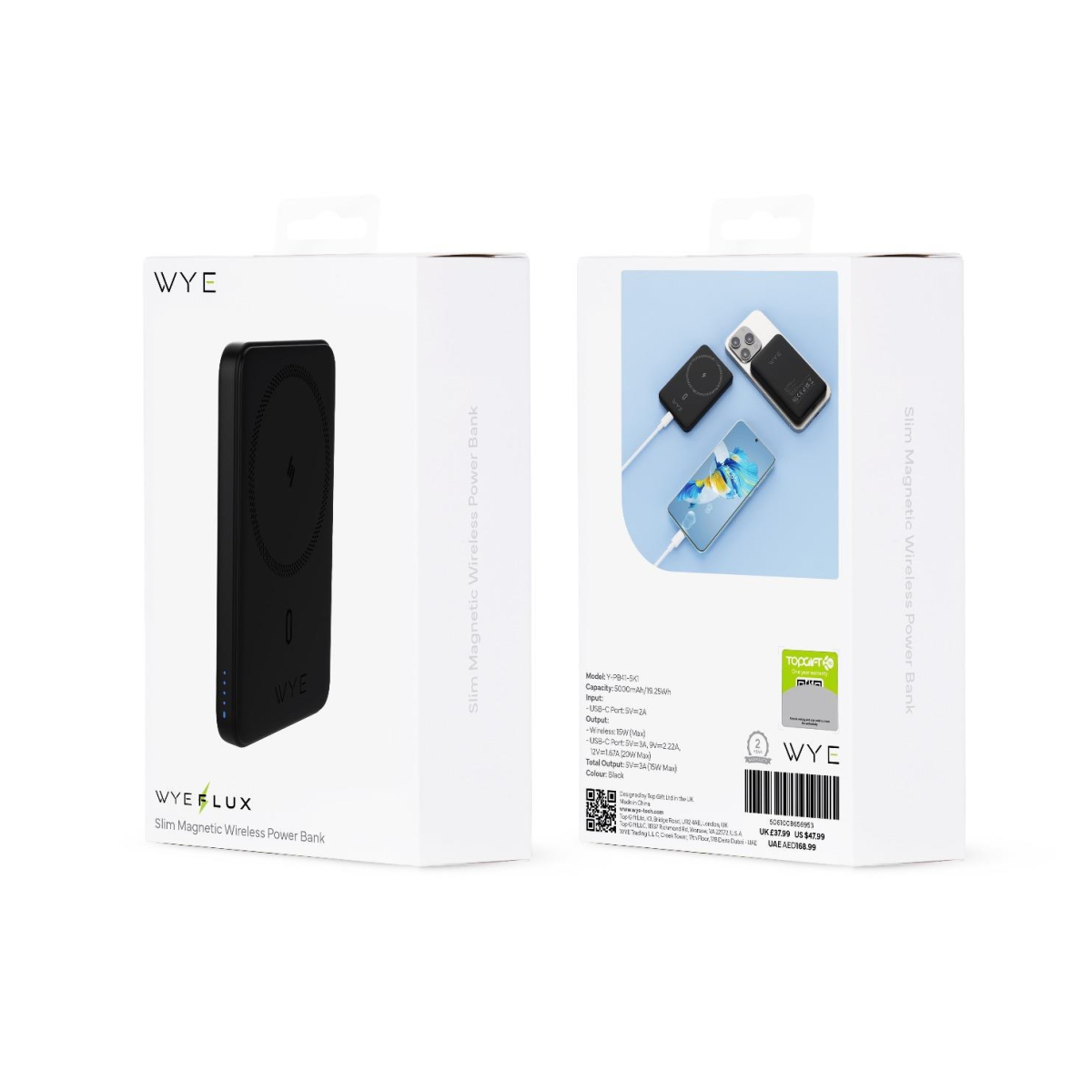 WYEFLUX Slim Magnetic 5000mAh Power Bank with 15W Wireless & 20W USB-C Output – Phone Charger, Black