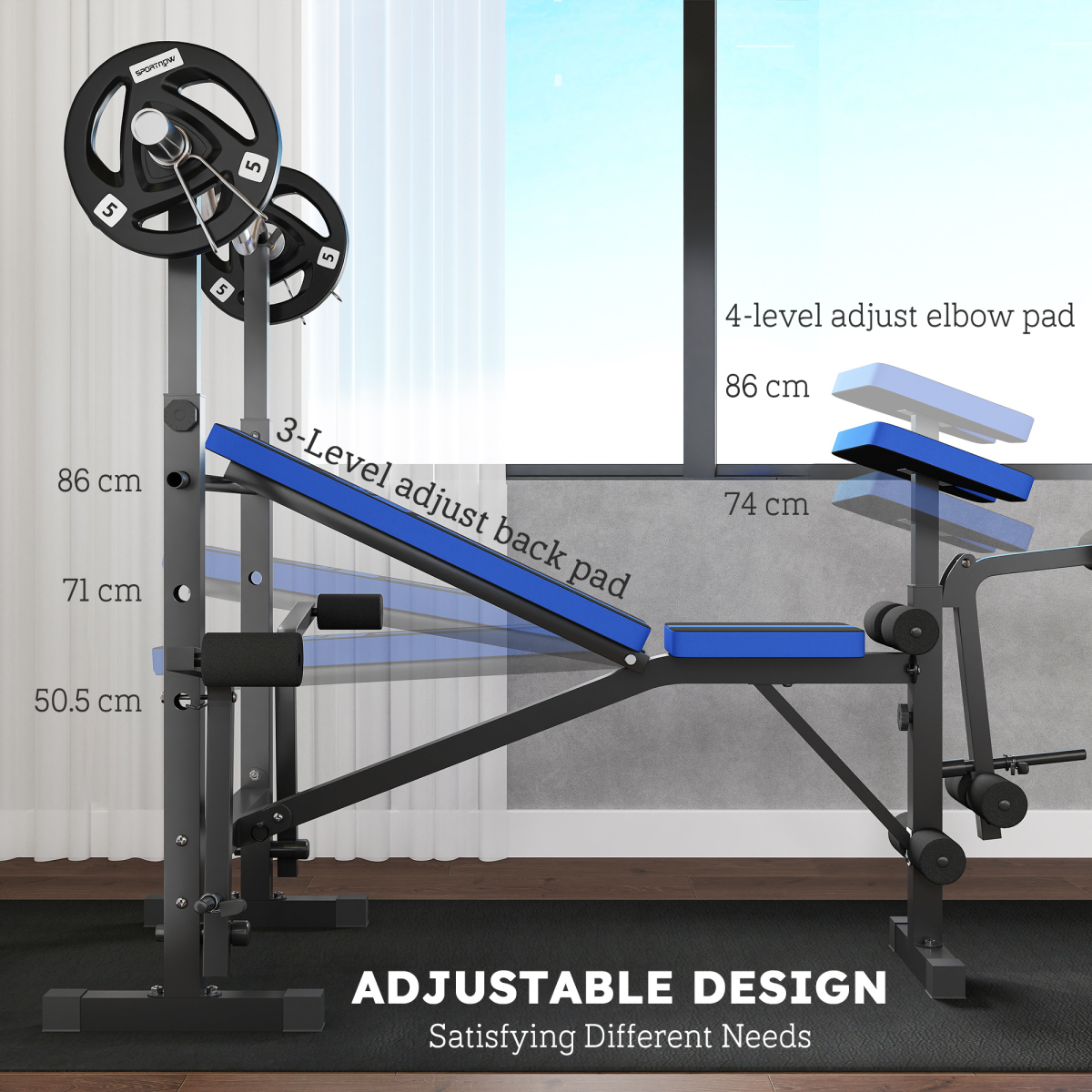 HOMCOM Multi-Function Weight Bench with Squat Rack, Leg Extension and Butterfly Curl – Home Gym, Black and Blue