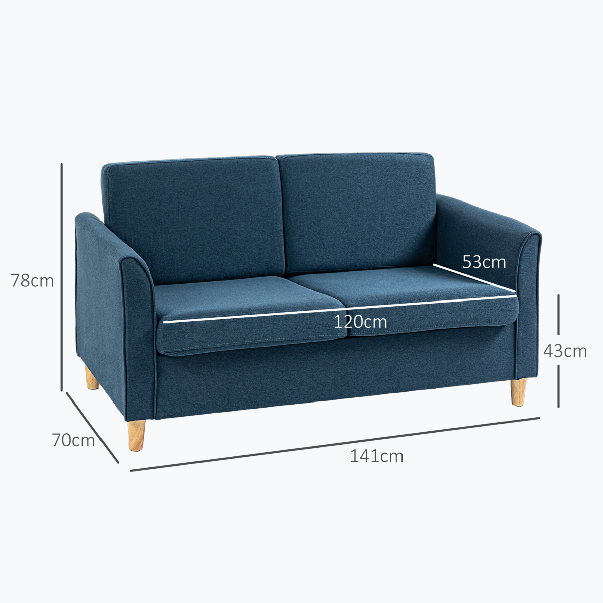 HOMCOM Linen 2 Seater Loveseat Sofa with Padded Armrests – Compact Sofa for Flats & Small Rooms, Blue