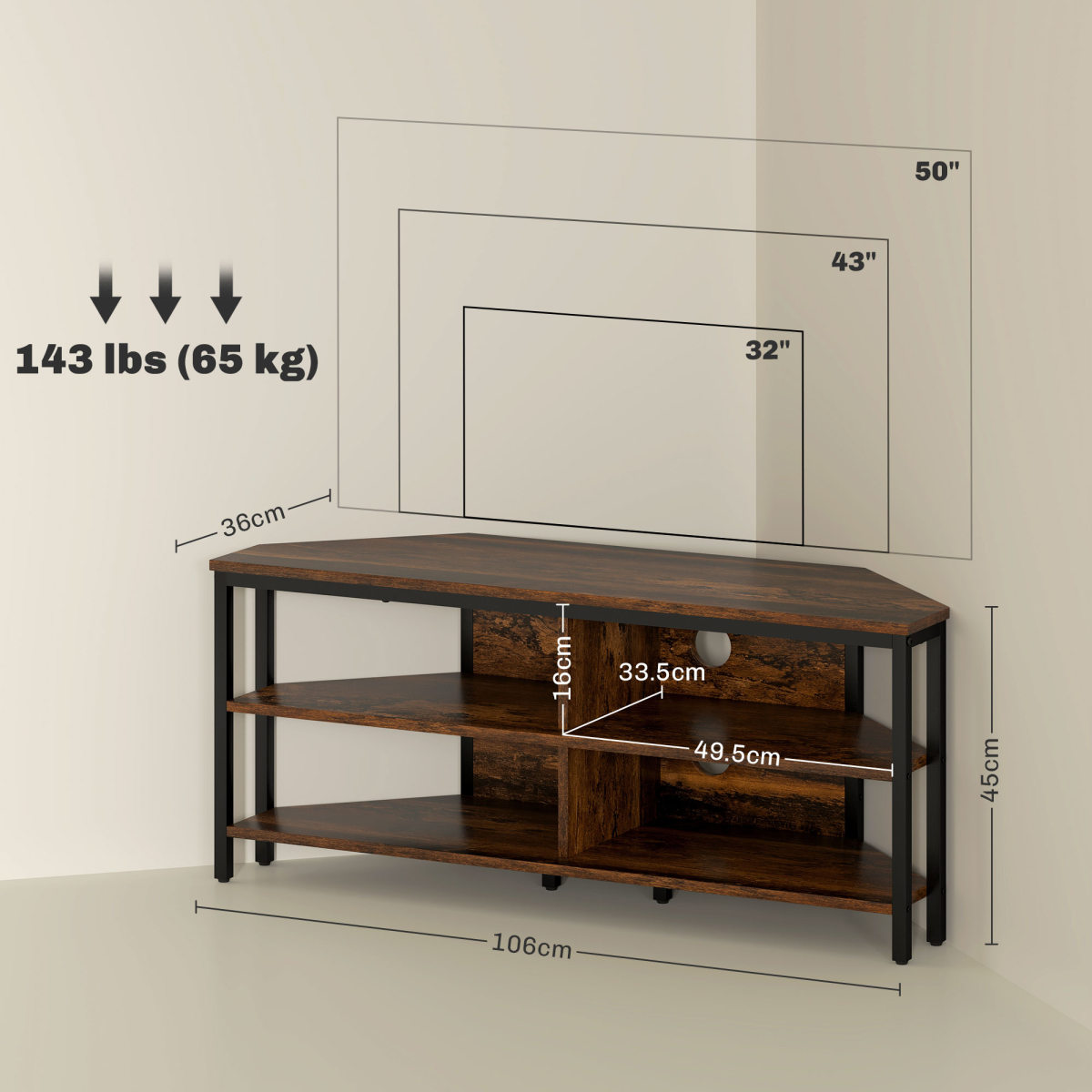 HOMCOM Corner TV Stand for TVs up to 50" with Four Open Shelves – Space-Saving Media Unit, Rustic Brown