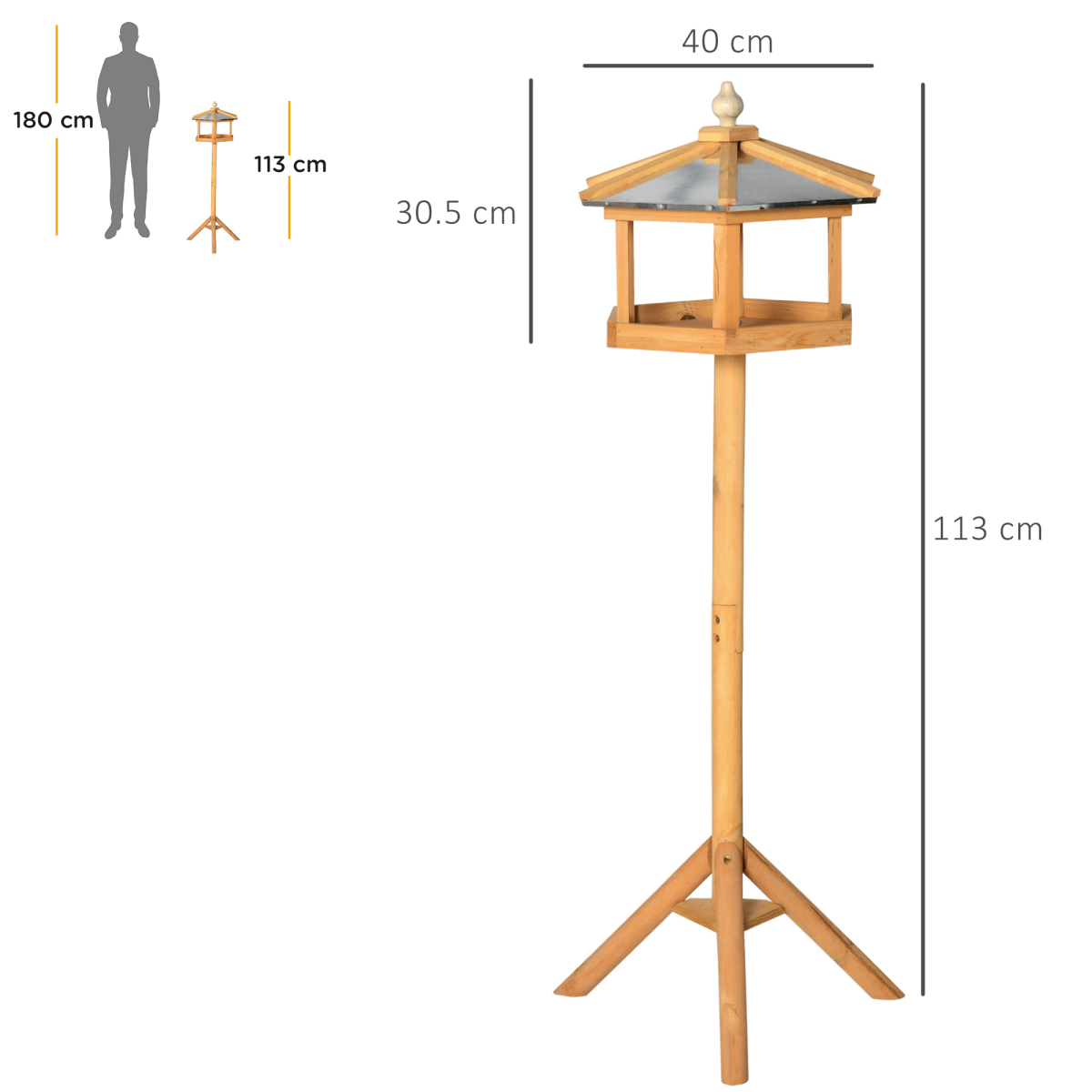 PawHut Wooden Bird Feeder Stand with Pitched Roof – Garden Feeding Station and Platform, Fir Wood Tripod Base