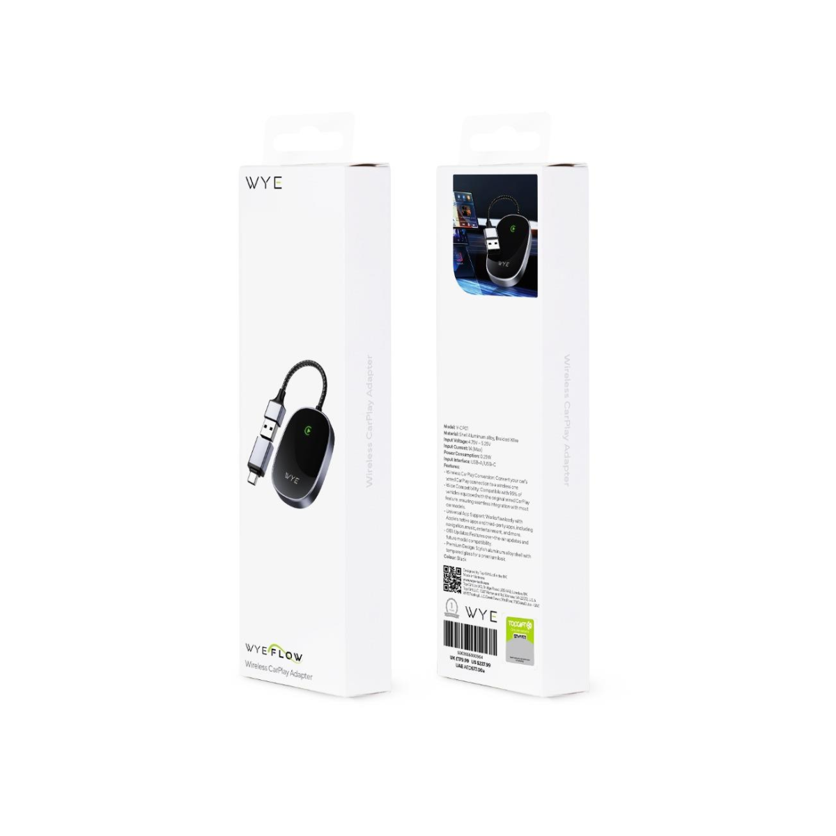 Wye Wireless CarPlay Adapter, Y-CP01 – Convert Wired to Wireless CarPlay with OTA Updates, Black