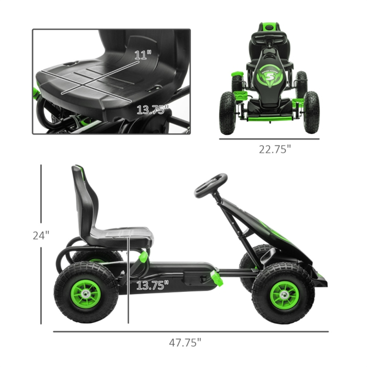 Kids Pedal Go Kart with Adjustable Seat, Handbrake & Rubber Wheels – Ride-On for Ages 5–12, Green and Black
