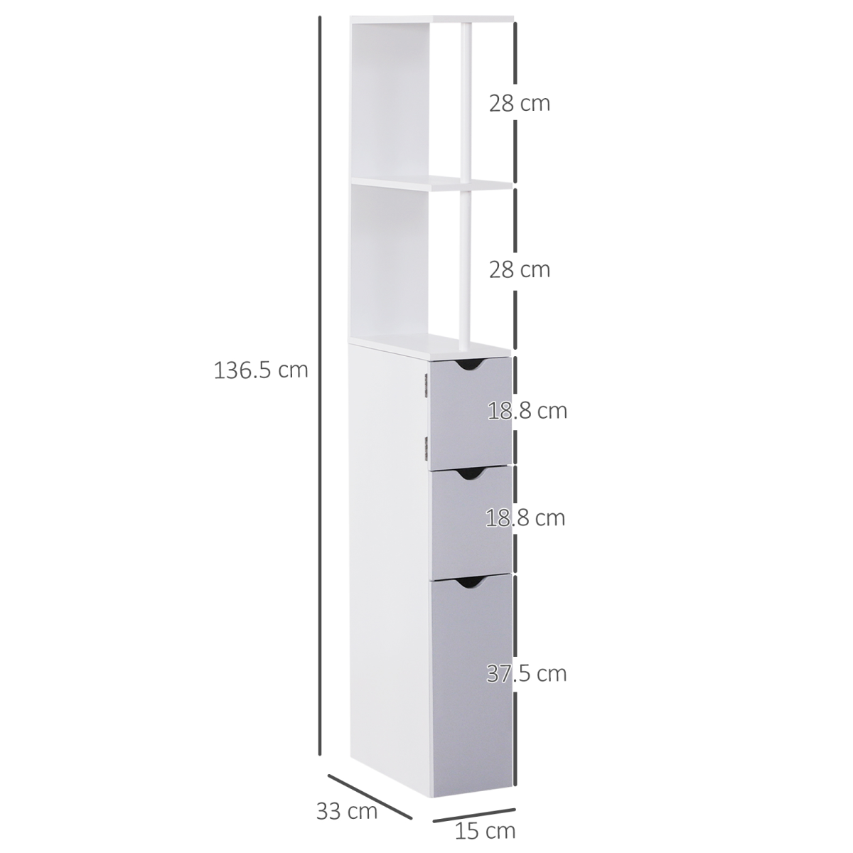 HOMCOM Slim Bathroom Storage Cabinet with 2 Open Shelves and 3 Drawers – Tall Freestanding Unit, White