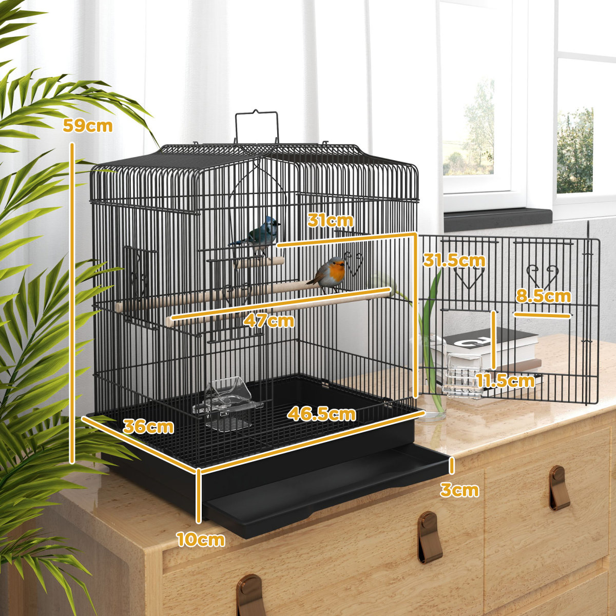 PawHut 59cm Large Bird Cage with Stand, Perches, Food Bowls & Swing – Powder-Coated Steel Aviary, Black