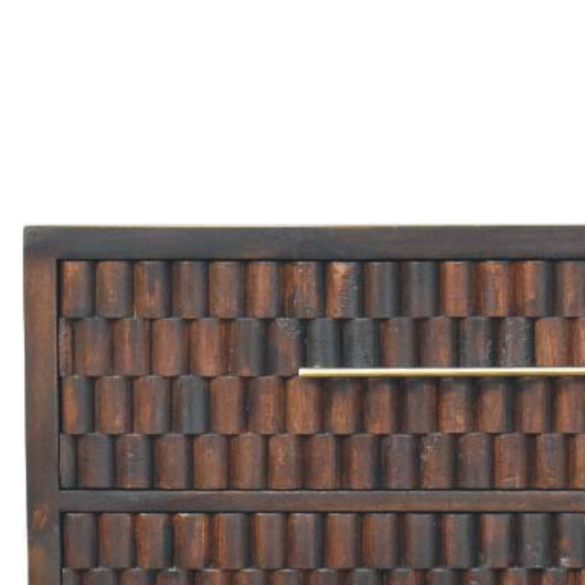 Artisan Furniture Solid Mango Wood Arno Carved Chest of 3 Drawers, Tapered Legs – Bedroom Storage, Dark Brown
