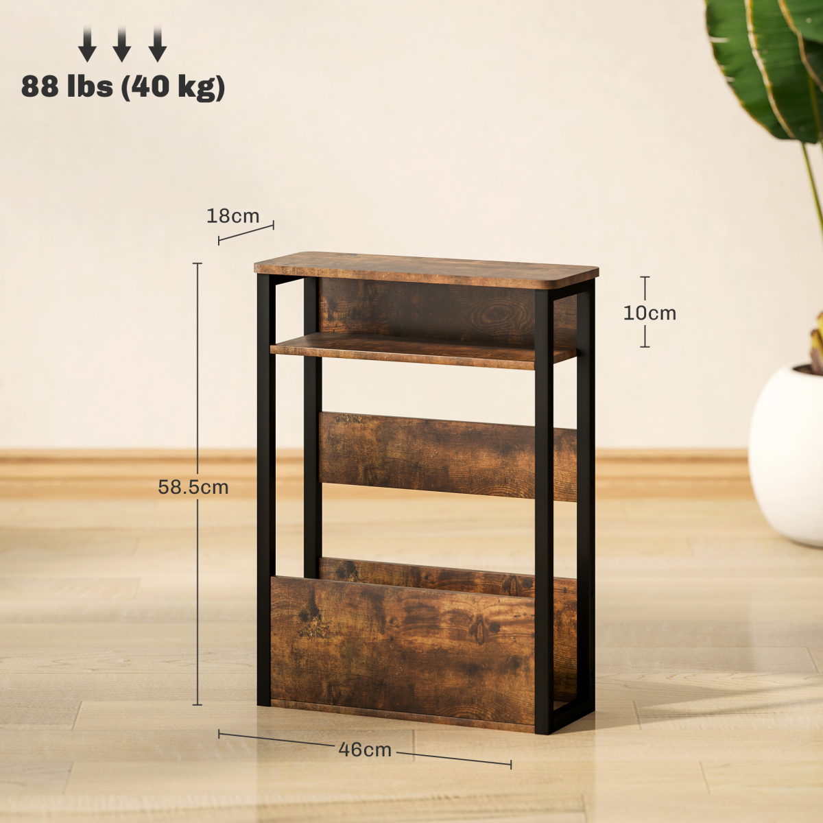 HOMCOM Narrow Industrial Side Table with Storage Shelves – Bedside or End Table, Rustic Brown