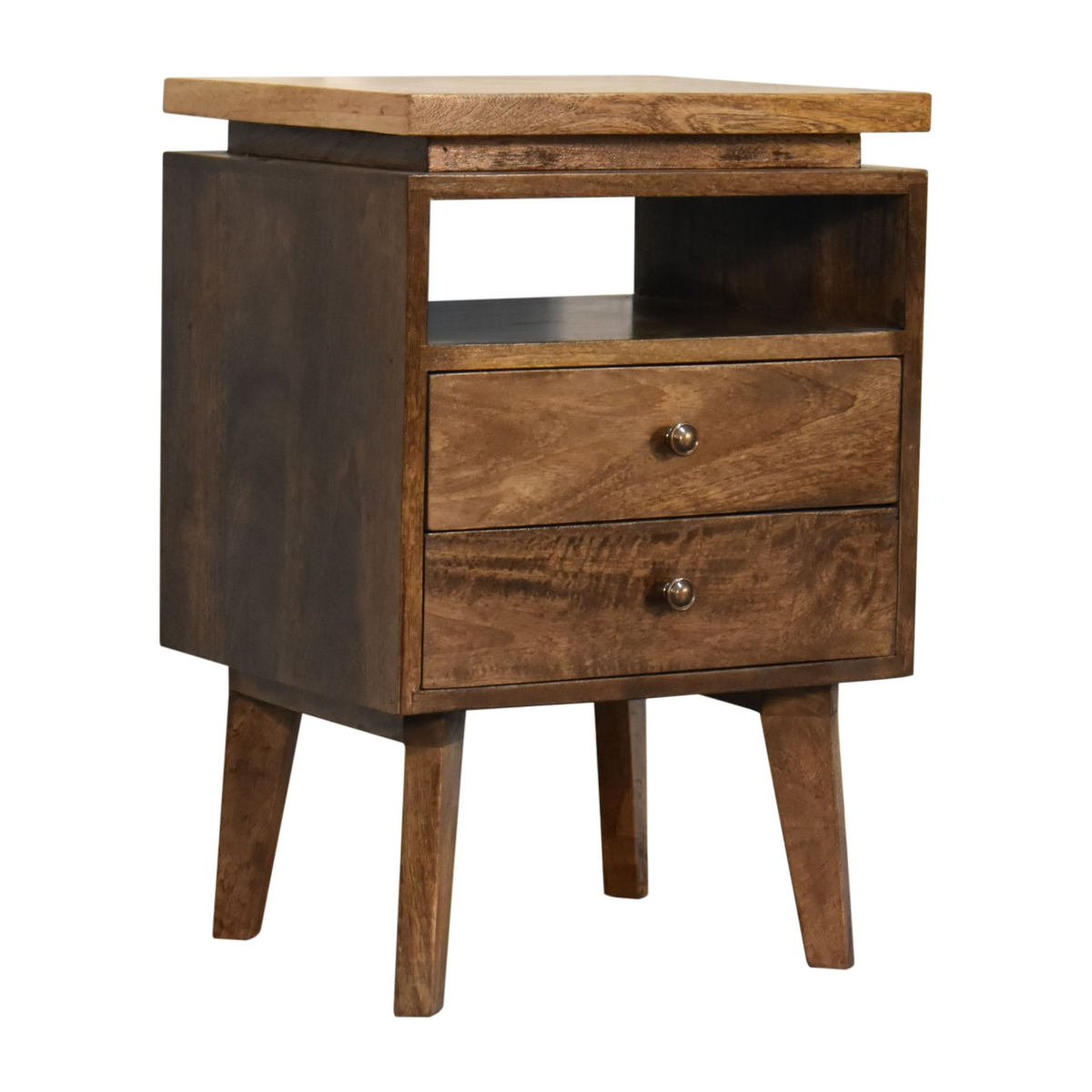 Artisan Furniture Solid Wood Platform Bedside Table with 2 Drawers and Open Slot – Nordic Legs, Brown