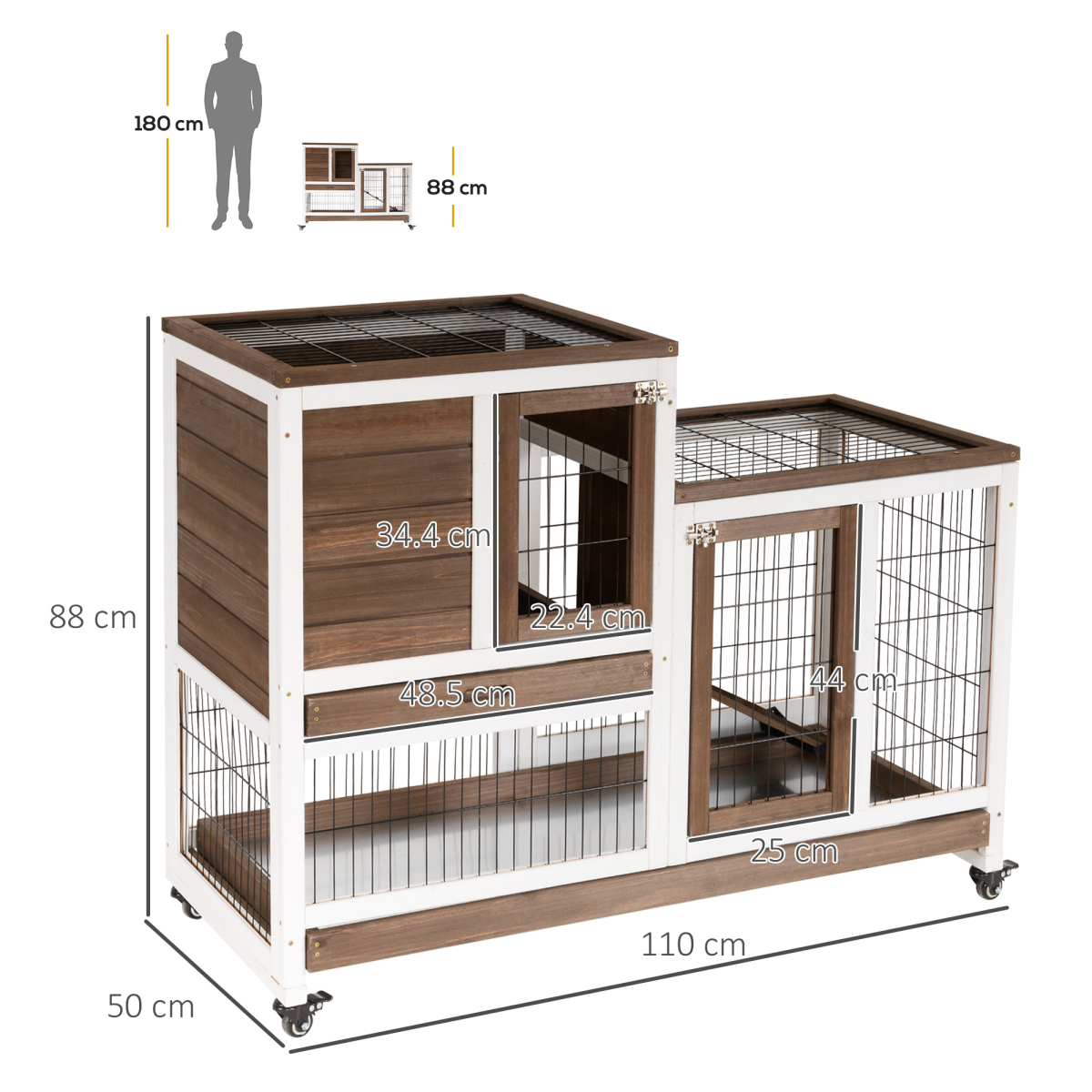 Two-Tier Wooden Rabbit Hutch with Four Wheels and Locking Doors – Indoor Guinea Pig Cage, 110 x 50 x 86 cm