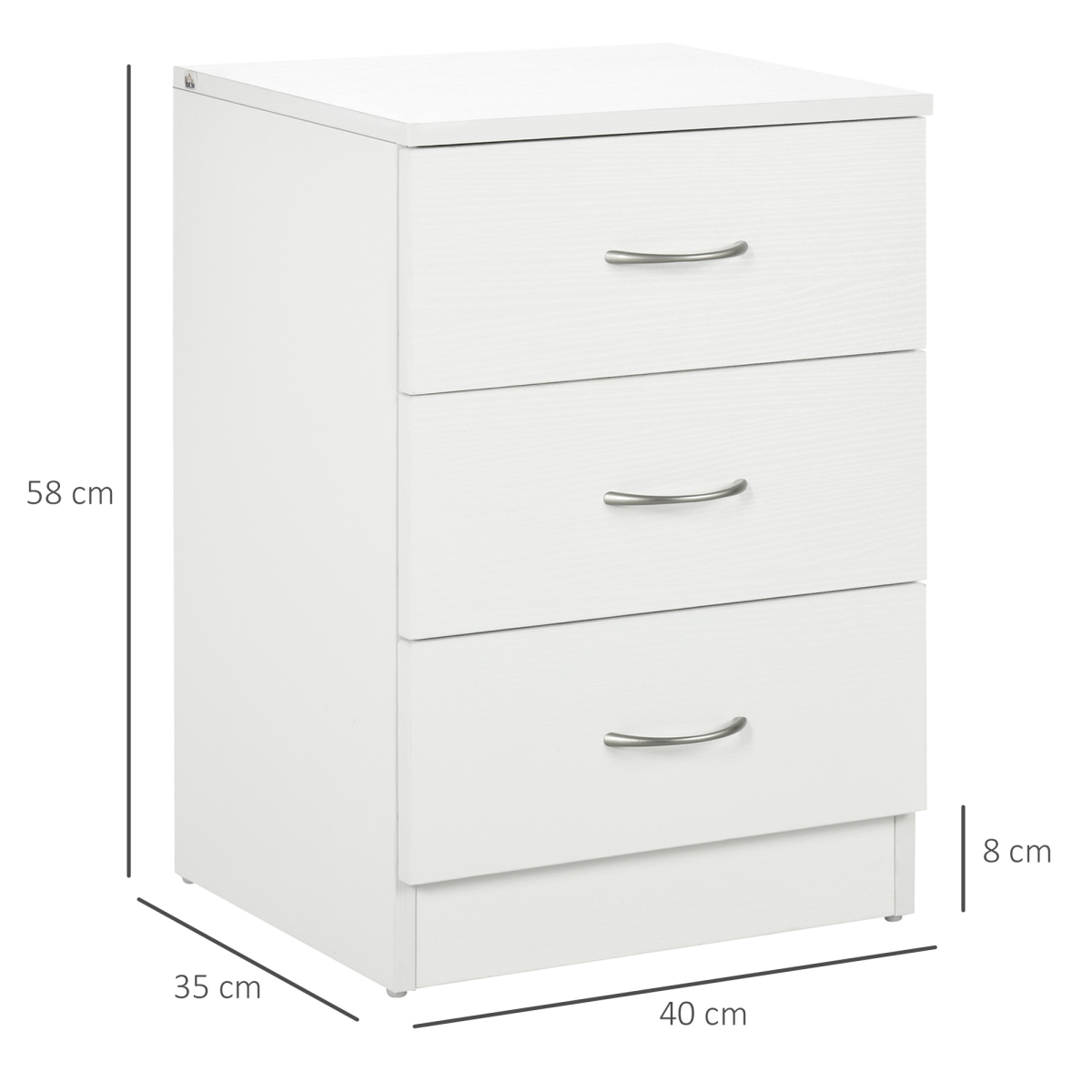 HOMCOM Modern 3 Drawer Bedside Table with Anti-Tipping Straps – Wooden Side Cabinet for Bedroom, White