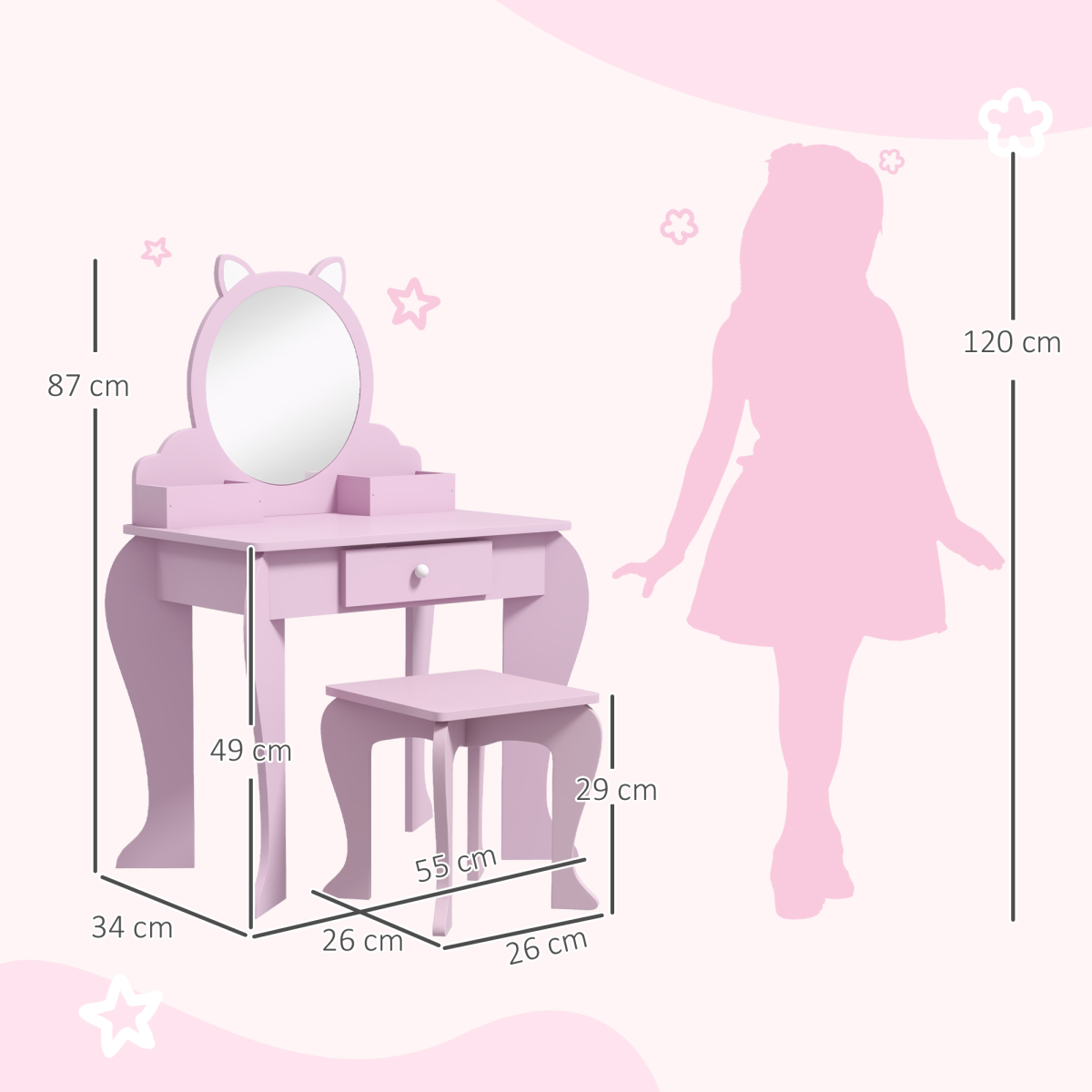 ZONEKIZ Kids Dressing Table with Mirror, Stool, Drawer & Side Storage Boxes – Cat Design Vanity Set, Pink