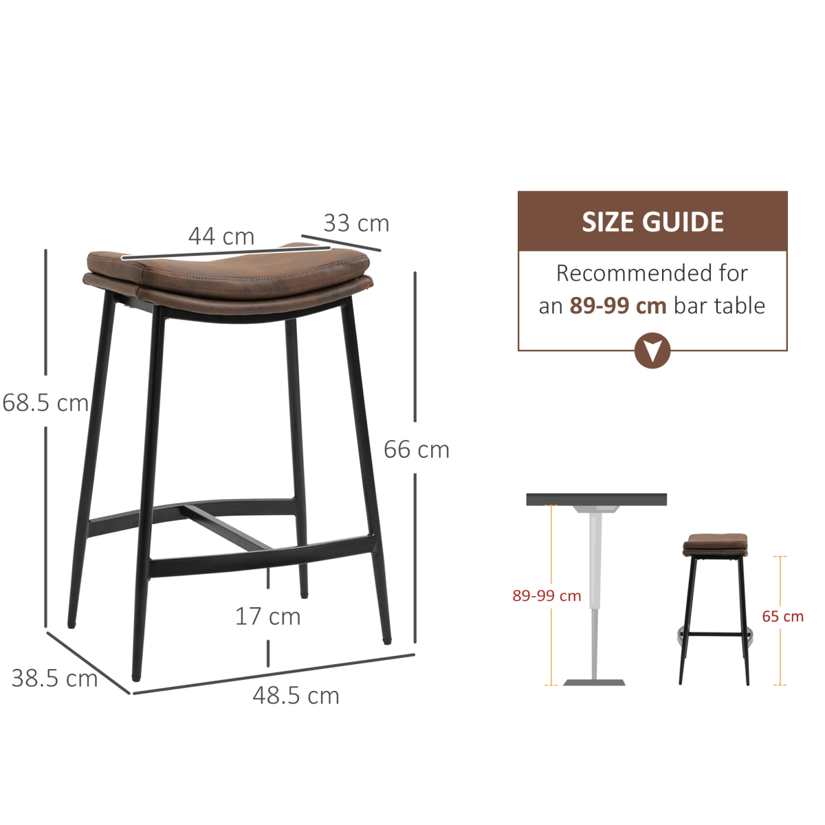 HOMCOM Upholstered Curved Seat Breakfast Bar Stools with Footrest – Set of 2, Brown