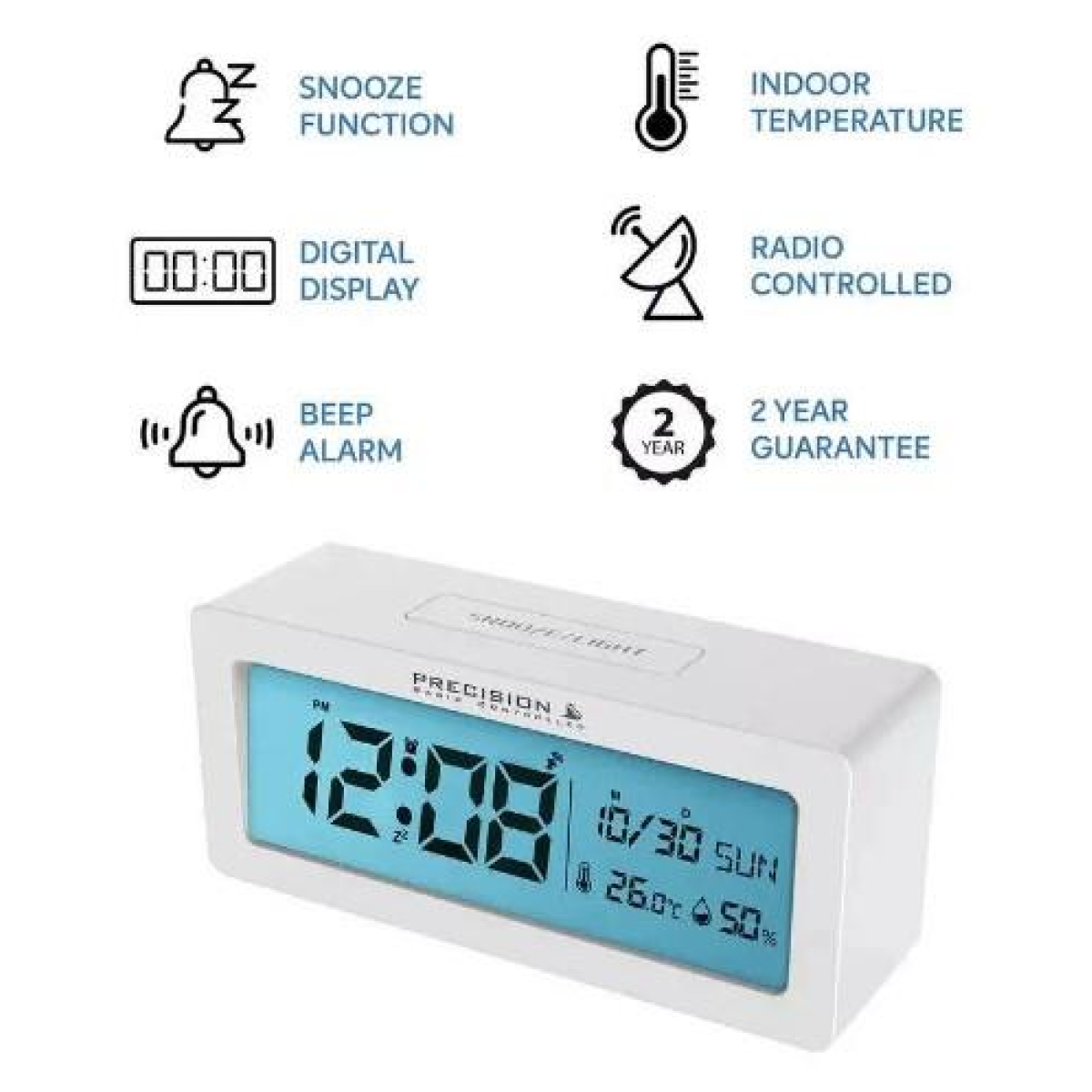 Precision Radio Controlled Digital Alarm Clock AP061 – Snooze Function & Backlit Display, White
