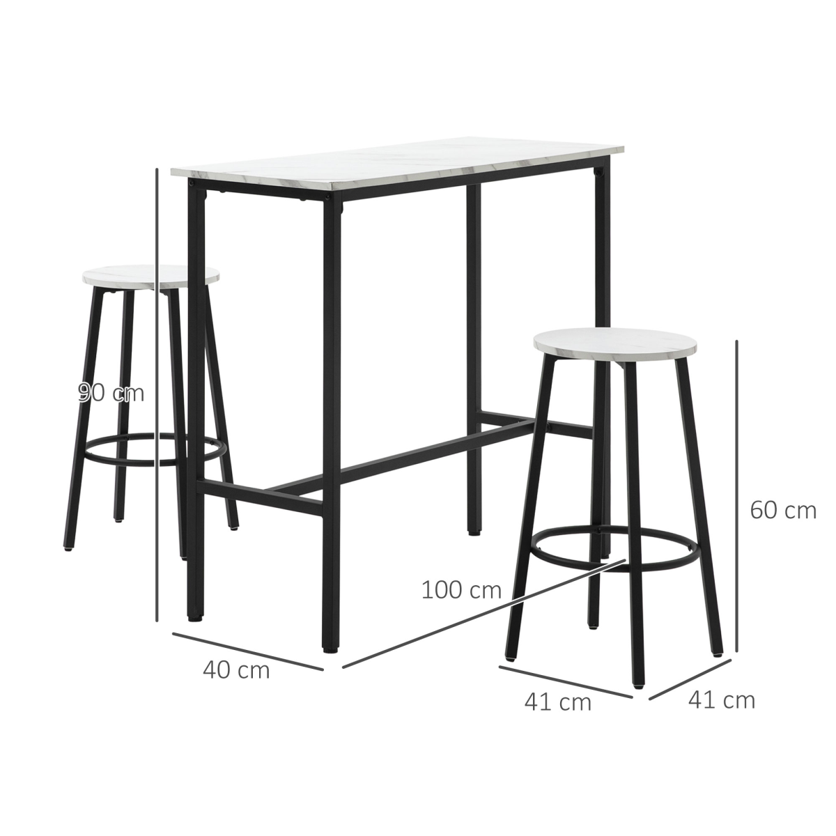 HOMCOM 3 Piece Bar Table Set for 2 with Stools & Footrests, Steel Frame – Kitchen Breakfast Bar Set, White