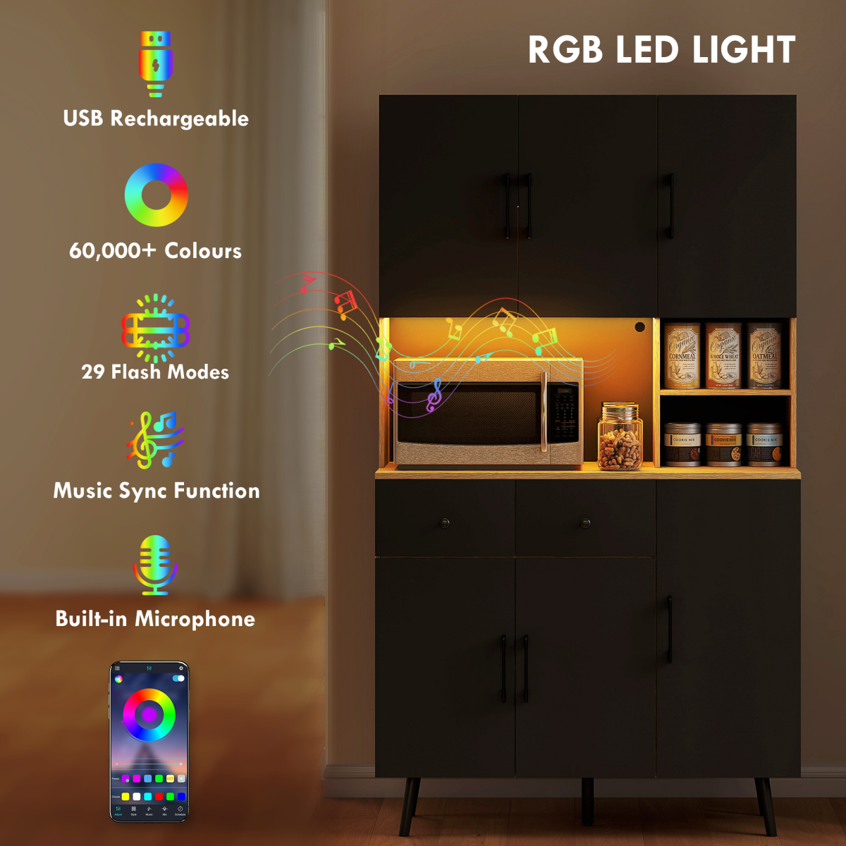 HOMCOM Tall Kitchen Cupboard with USB RGB LED Lights & Adjustable Shelves – Pantry Storage, Oak
