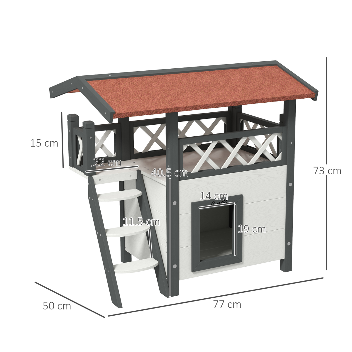 PawHut Outdoor Cat House with Balcony, Stairs and Asphalt Roof – Elevated Fir Wood Cat Shelter