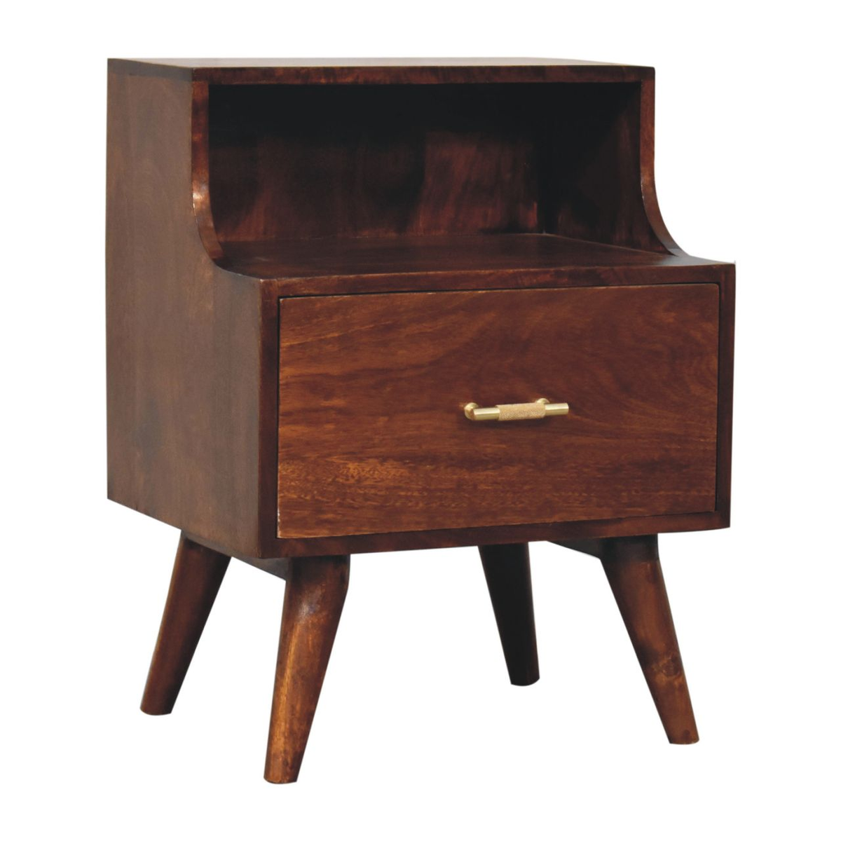 Artisan Furniture Solid Wood T-Bar Raised Back Bedside Table with 1 Drawer & Open Slot – Dark Brown
