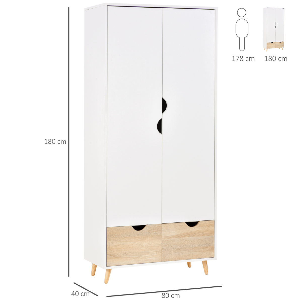 HOMCOM 2-Drawer Wardrobe with Hanging Compartment – Bedroom Clothes Storage, White & Oak