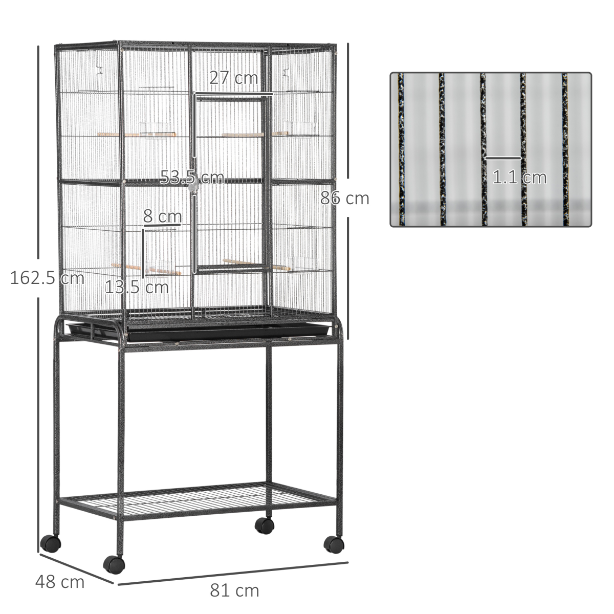 Pawhut Rolling Bird Cage with Detachable Stand, Storage Shelf, Wooden Perches & Food Containers