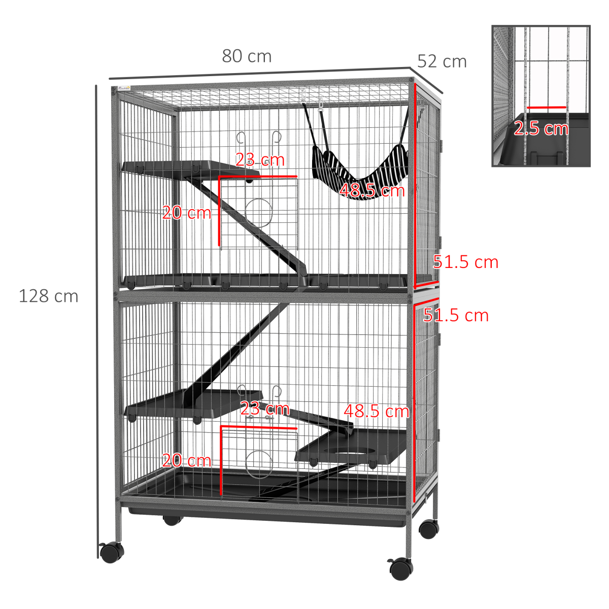PawHut Multi-Level Small Animal Cage on Wheels with Hammock & Tray – Chinchilla, Ferret & Kitten Habitat, Grey