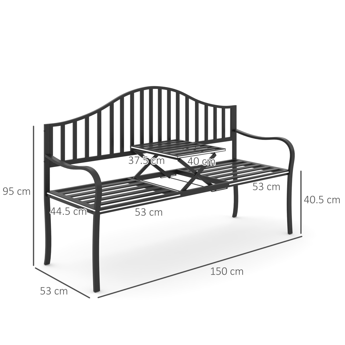 Outsunny Metal 2-Seater Garden Bench with Lift-Up Middle Table – Slatted Patio Seating for Park and Garden