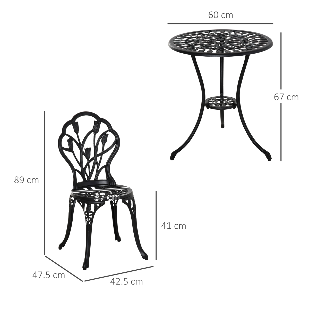 Outsunny 3-Piece Aluminium Bistro Set with 2 Chairs, Round Table & Umbrella Hole – Tulip Design Garden Furniture, Black