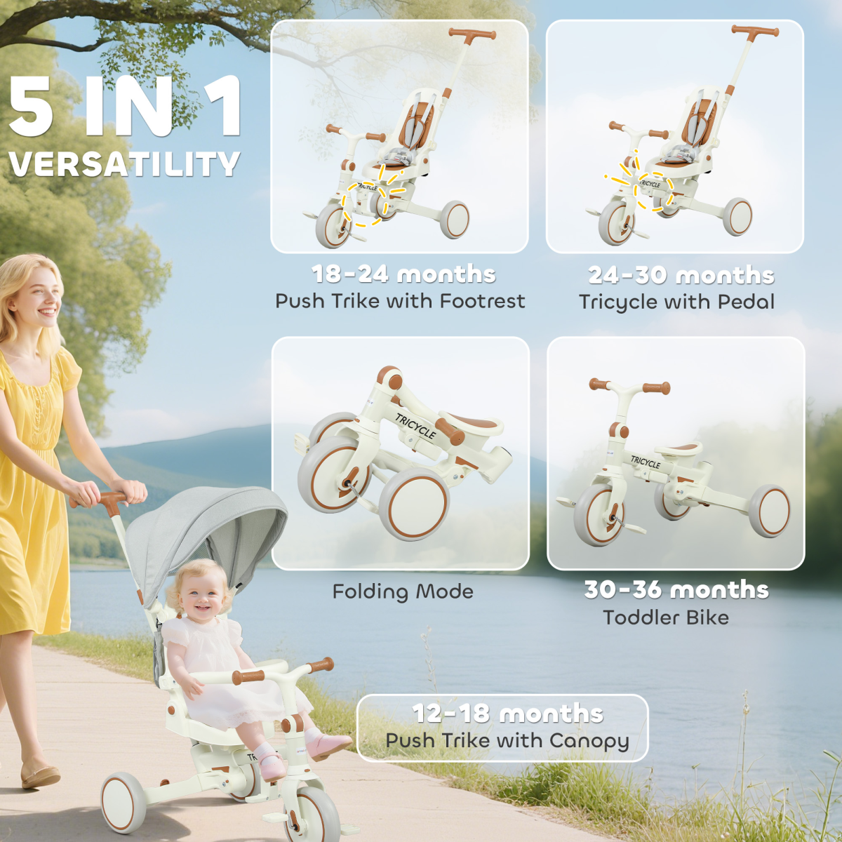 5-in-1 Kids Trike with Adjustable Backrest & Removable Canopy – Foldable Push Tricycle, 12-36 Months, Cream White