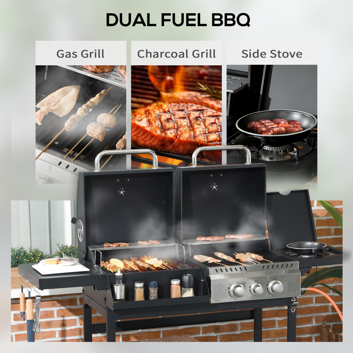 Outsunny Dual Fuel BBQ Grill with Wheels, Warming Racks and Thermometer – Gas and Charcoal Barbecue, Black