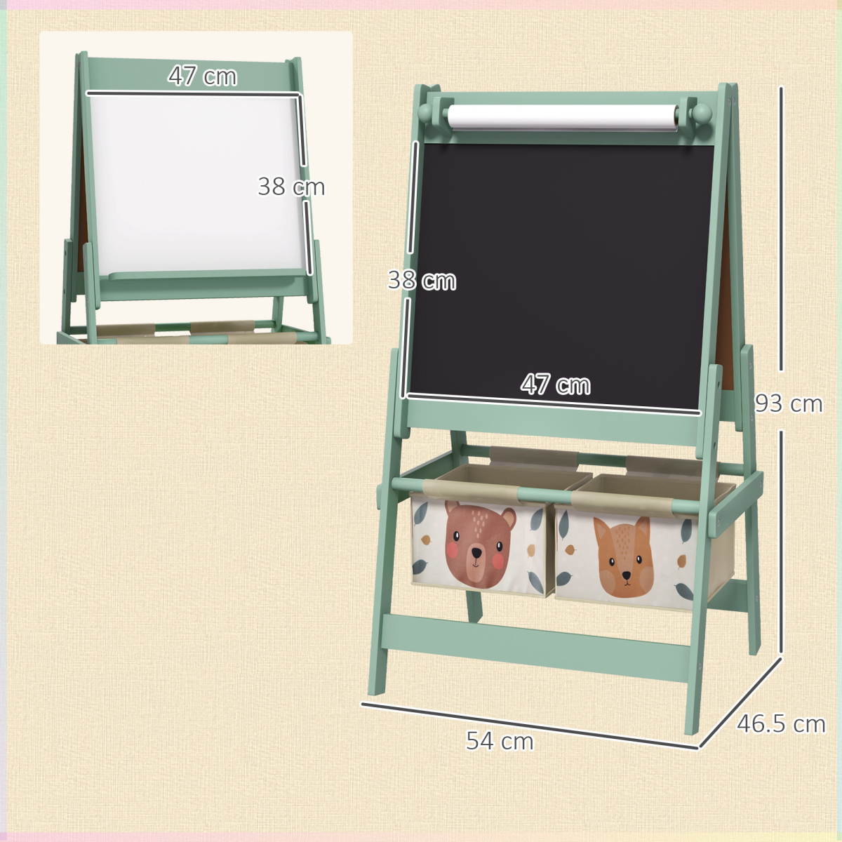 AIYAPLAY Kids Easel with Paper Roll, Blackboard, Whiteboard and Storage Baskets – 3-in-1 Art Easel, Green