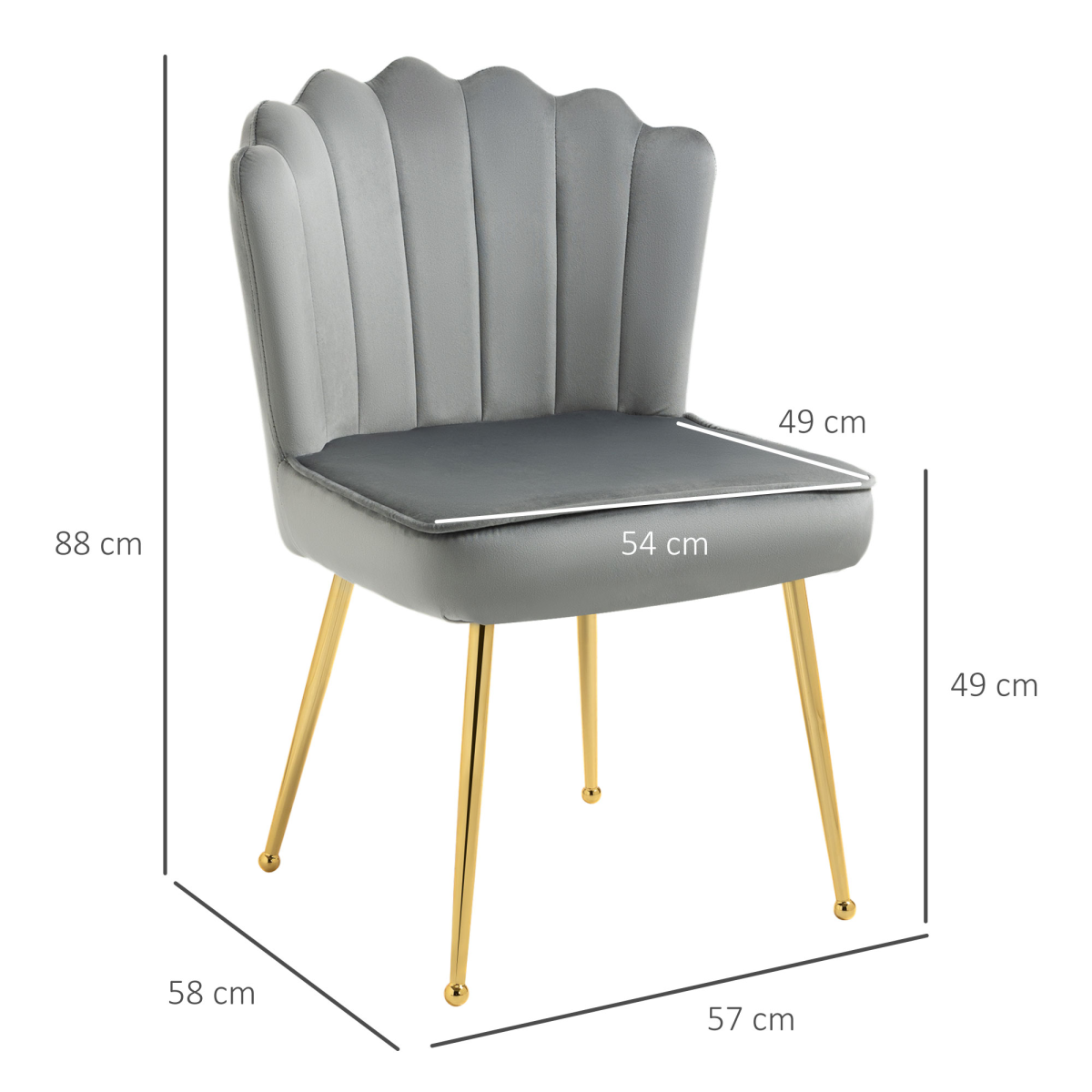 HOMCOM Velvet-Feel Shell Accent Chair with Metal Legs – Scalloped High Back Armchair, Grey