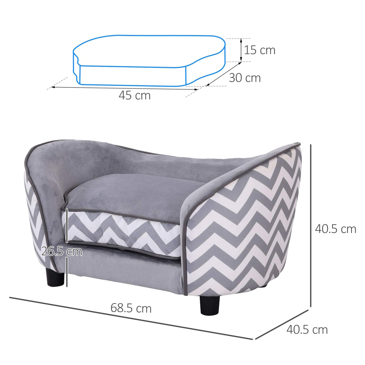 PawHut Dog Sofa Pet Couch for XS Dogs with Removable Padded Cushion – Raised Puppy Bed, Grey