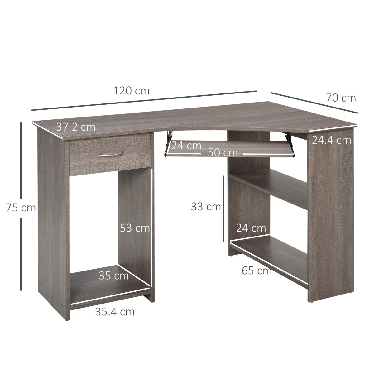 HOMCOM L-Shaped Corner Computer Desk with 2-Tier Side Shelves – Wide Home Office Workstation, Grey