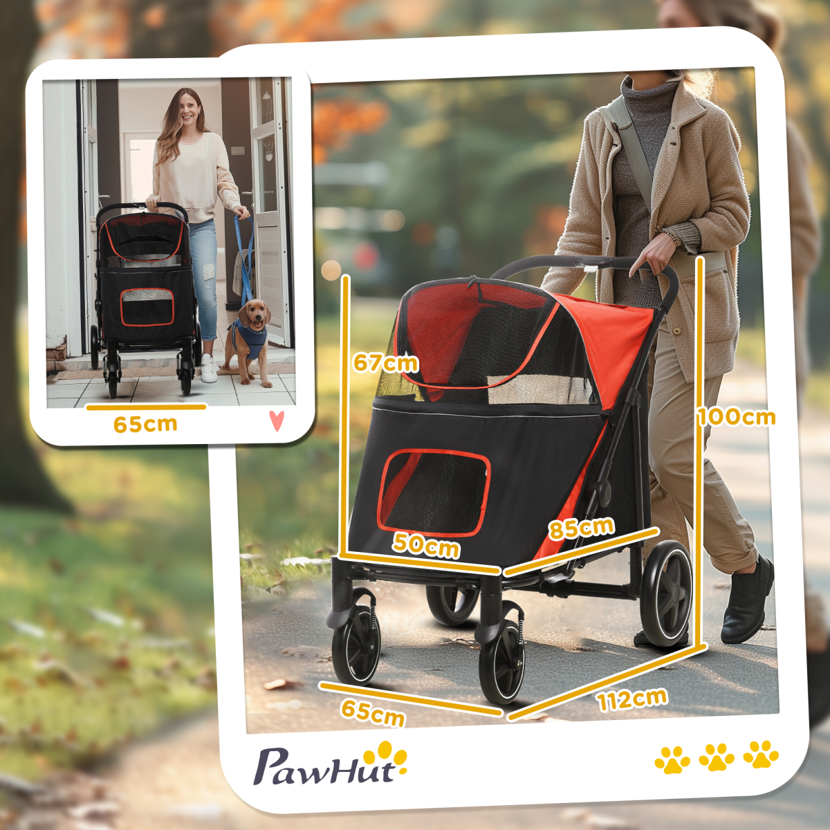 PawHut Foldable Dog Stroller with Universal Wheels and Shock Absorbers – One-Click Fold Pet Pram, Red