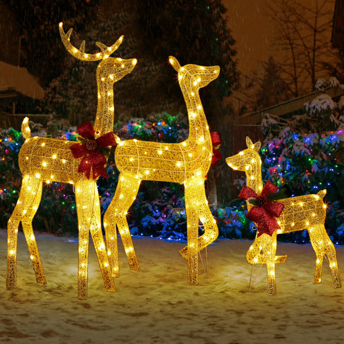 Lighted Christmas Reindeer Family – 3 Piece Outdoor Set with 200 Warm White Lights & Ground Stakes