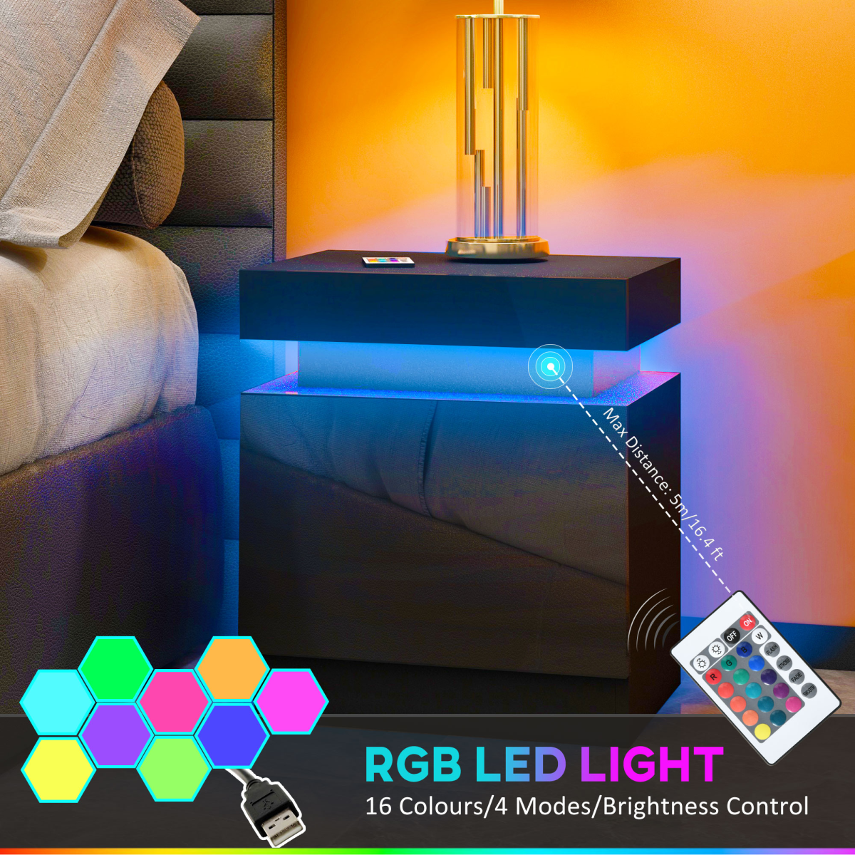 HOMCOM High Gloss Bedside Table with LED Light and 2 Drawers – Remote-Controlled Side Table, Black