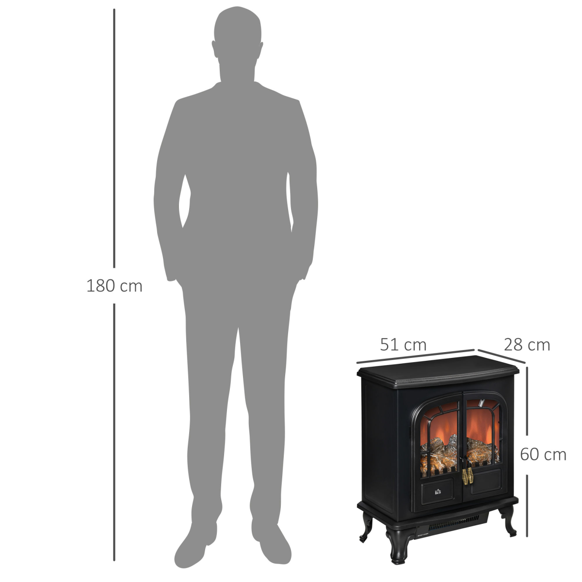 HOMCOM Freestanding Electric Fireplace with LED Flame Effect, Double Doors and 1000W/2000W Heating – Black
