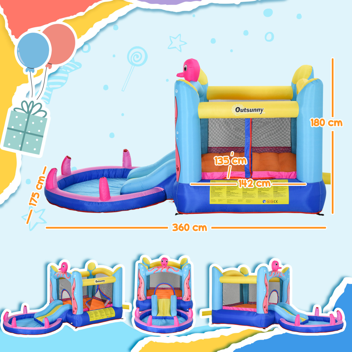 Outsunny Bouncy Castle with Slide, Water Pool, Trampoline & 5 Sprayers – Kids Garden Inflatable with Blower