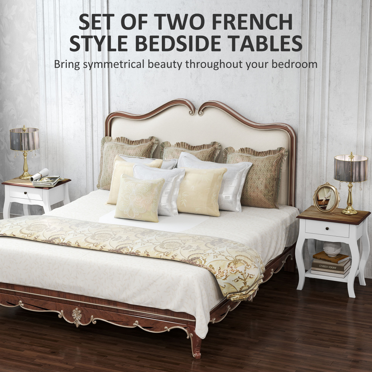 Set of 2 Bedside Tables with Drawer and Open Shelf – Bedroom Nightstands with Oak Effect Top, White