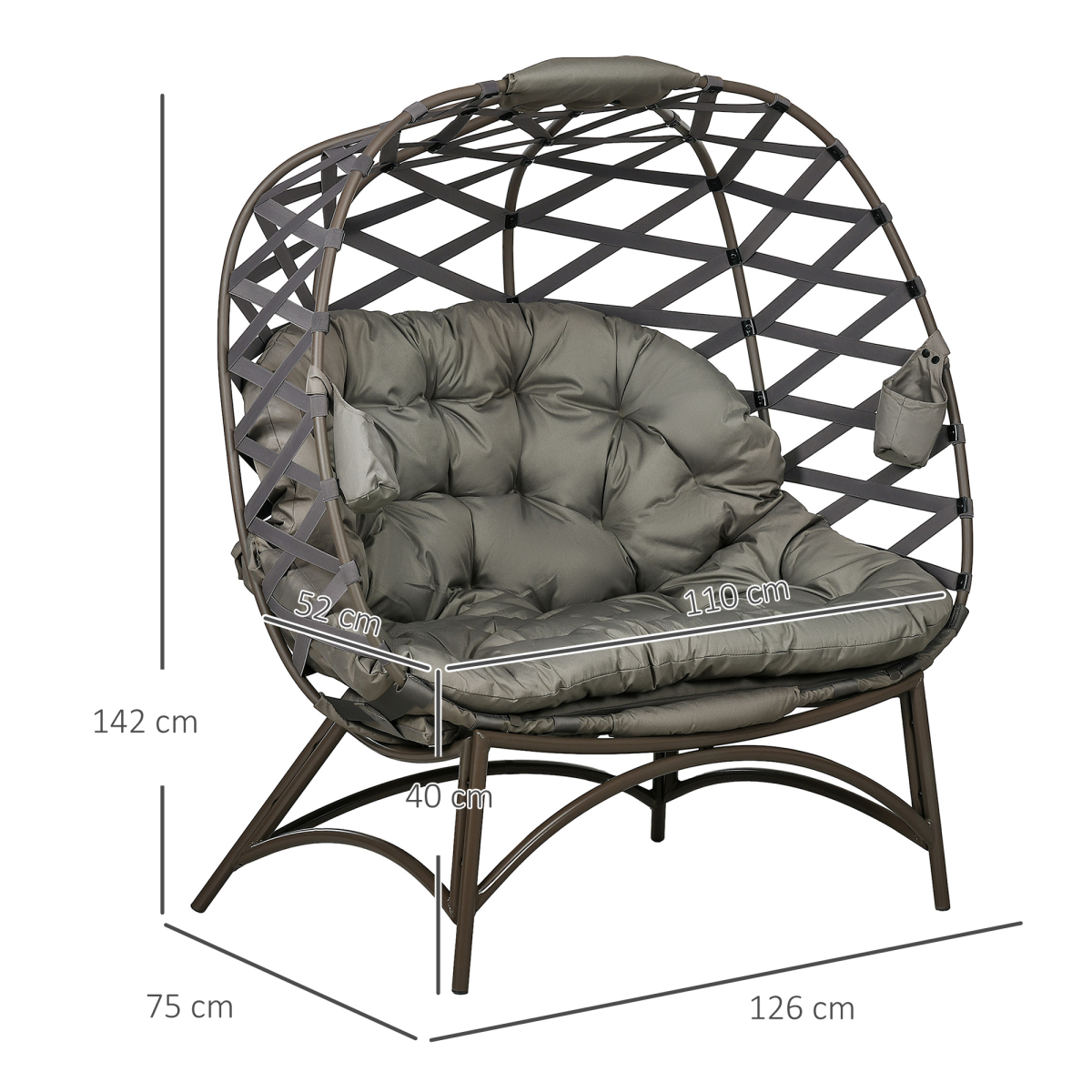 Outsunny 2-Seater Outdoor Egg Chair with Padded Cushion & Cup Pockets, Powder-Coated Steel Frame – Garden Lounger, Sand Brown
